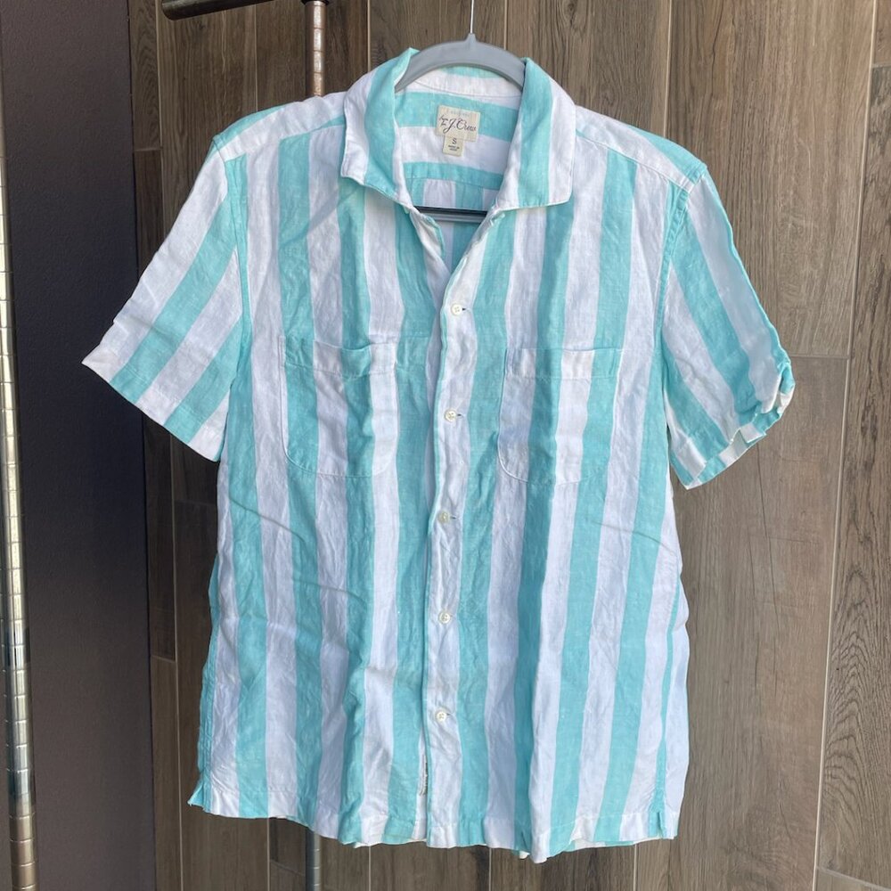 Teal/White Striped Linen Shirt - J Crew